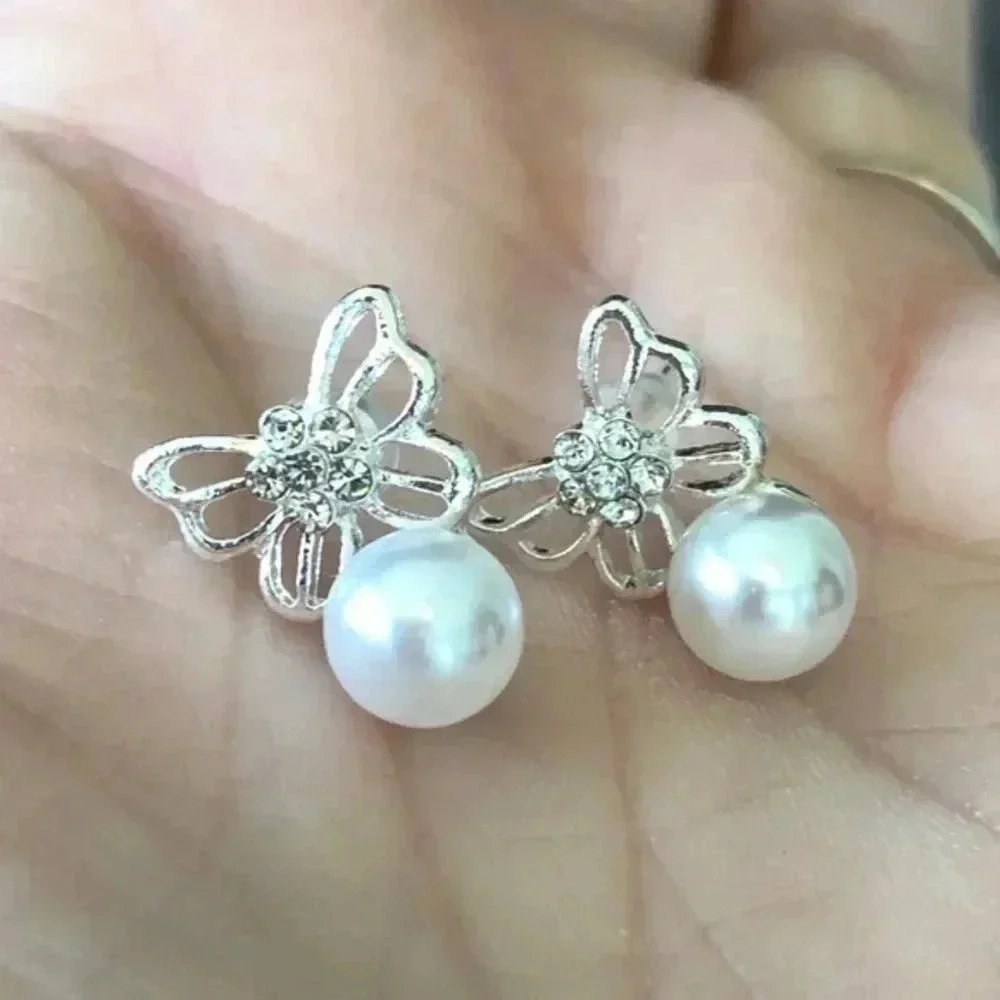 Butterfly Shaped 925 Ster Silver Crystal Stud Faux Pearl Earrings NWT